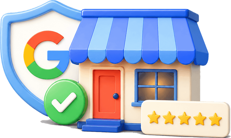 Bouclier au logo Google validé, devanture de boutique et fiche Google cinq étoiles